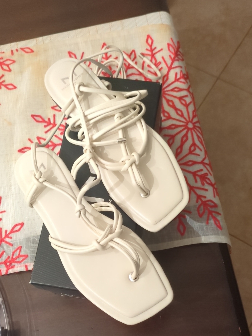 Marc Fisher Cream Lace-Up Square-Toe Sandals